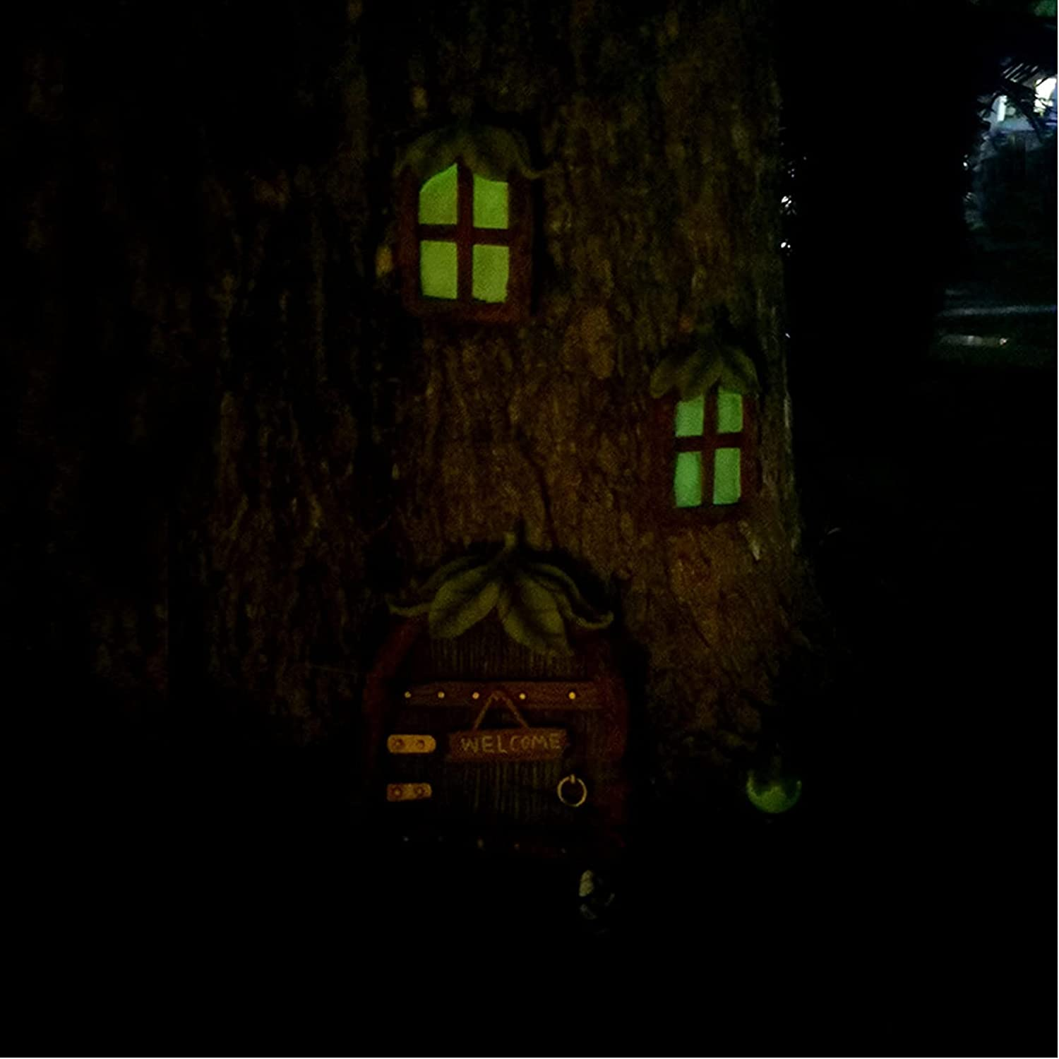 4Pcs Fairy Door Kit,Fairy Door and Windows Kit for Trees Outdoor Glow in the Dark, Fairy Tree Decorations, Garden Decor Door Windows and Lantern, Wall and Trees Outdoor image number 1