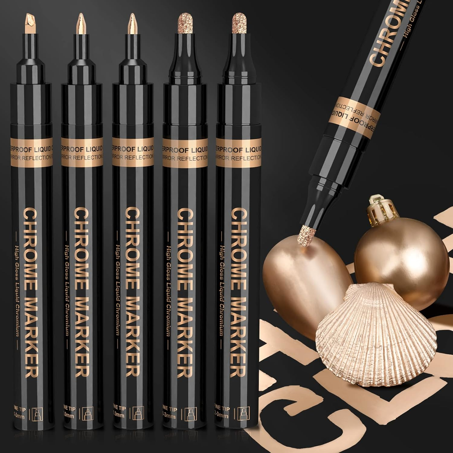 KERIFI Liquid Gold Chrome Markers, Supper Golden Metallic Paint Pens, Reflective Gloss Permanent Mirror Markers for Model Repairing, Resin Metal Glass Plastic, DIY Art Projects Crafts (5 Pack, 1-3Mm)