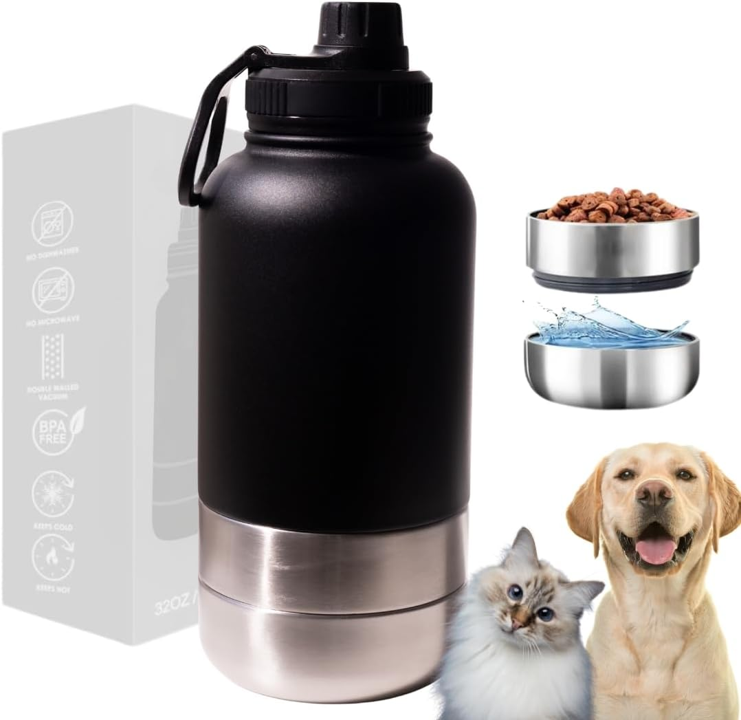 2-In-1 Dog Water Bottle & Food Dispenser, Insulated Stainless Steel Travel Bottle with Built-In Bowl, Portable Pet Hydration for Hiking & Outdoors (Black) image number 2