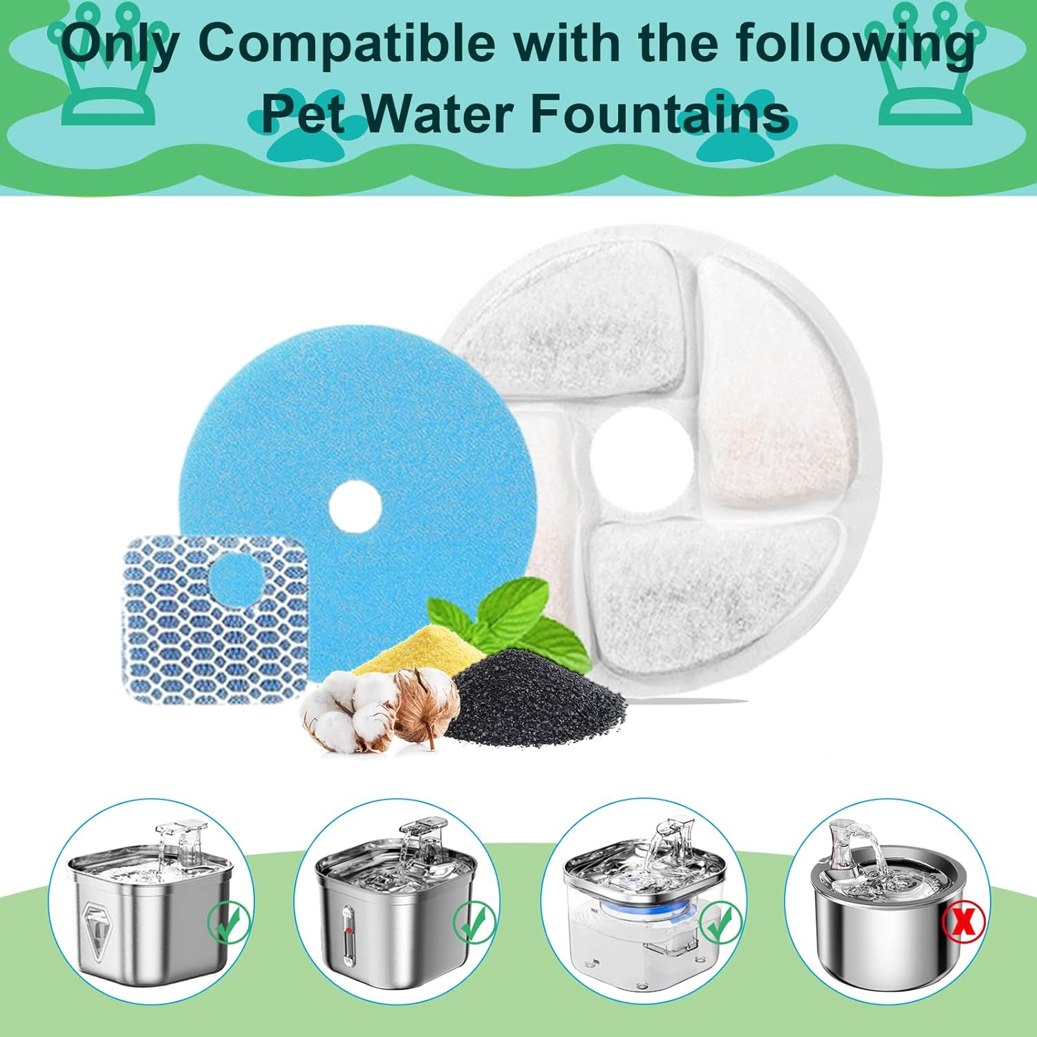 Cat Water Fountain Filter,Cat Fountain Filter Replacement for Square 2.2L/73Oz Stainless Steel Pet Water Fountain,5 Pack Pet Fountain Filter Replacement image number 1