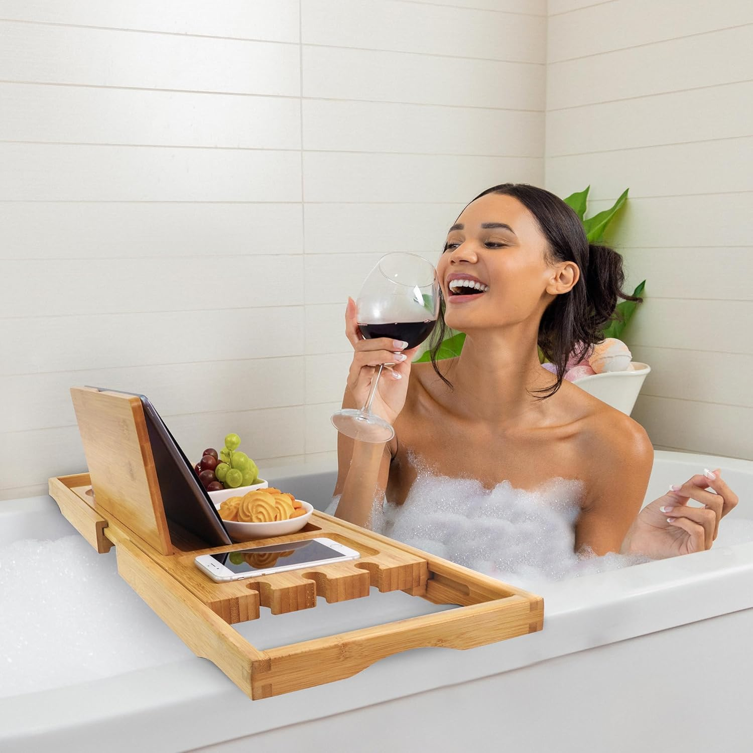 Utoplike Bamboo Bathtub Caddy Tray Bath Tray for Tub, Adjustable Bathroom Bathtub Organizer with Book Tablet Wine Glass Cup Towel Holder (24.5"-37.4") image number 3