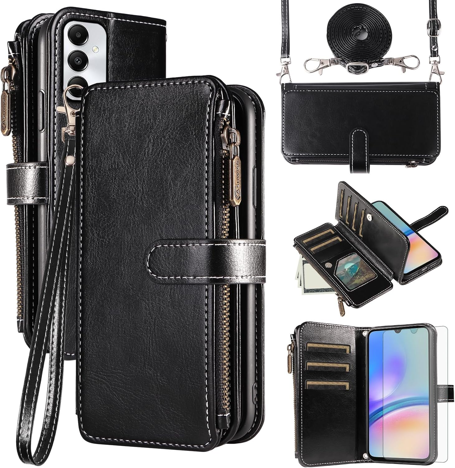 Asuwish Mobile Phone Case for Samsung Galaxy A05S/A05 Case with Strap Film Protective Film Card Slot Foldable Leather Wallet Stand Ao5S Ao5 a 05S 05 Mobile Phone Cases Protective Zip Phone Case Brown