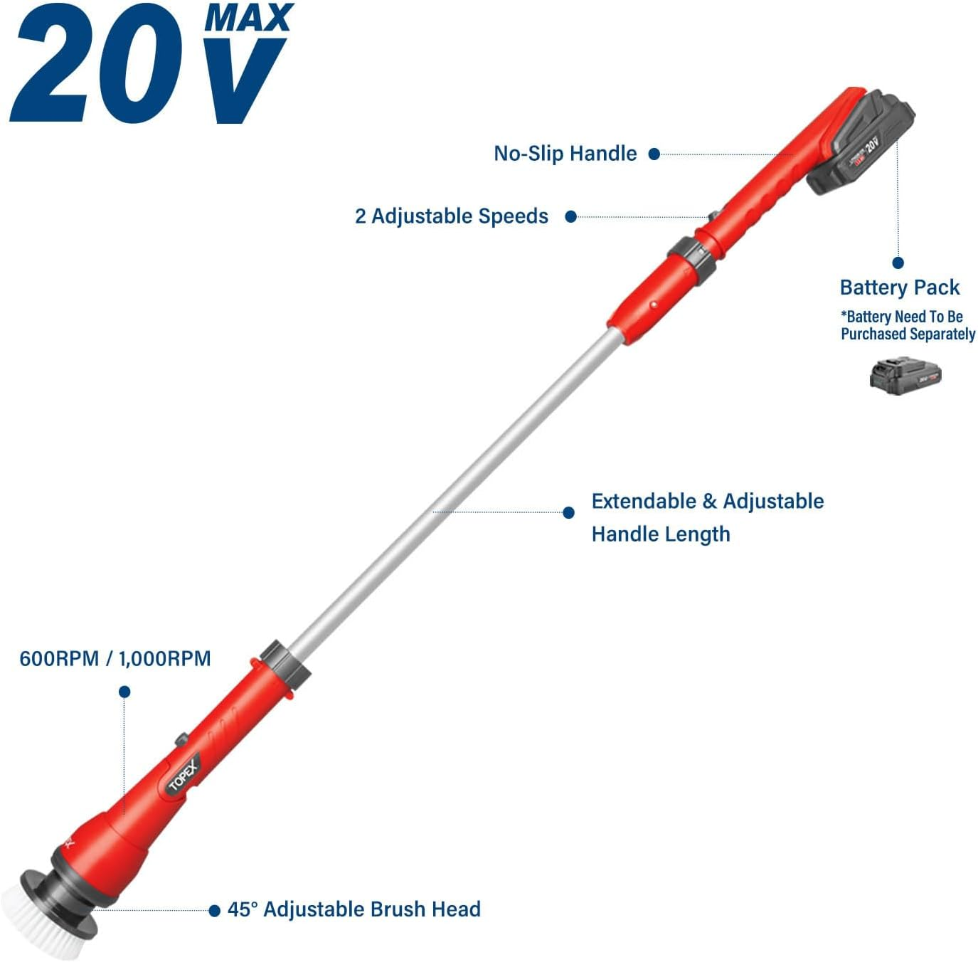 TOPEX 20V Cordless Power Scrubber Rechargeable Electric Bathroom Scrubber Shower Scrubber W/Extension Handle & 4 Replaceable Brush Heads (Skin Only-Battery and Charger NOT Included) image number 5