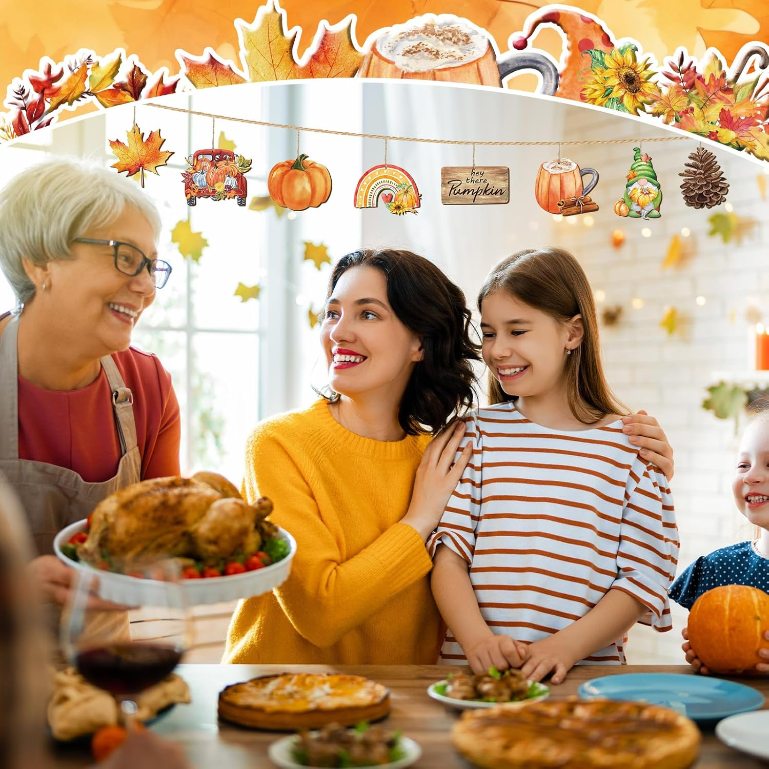 36 Pcs Thanksgiving Tree Ornaments Fall Wooden Hangings Decorations Pumpkin Gnome Maple Leaf Decorative Hanging Ornaments Autumn Harvest Party Favor Gift Tag for Holiday(Fresh Style) image number 5