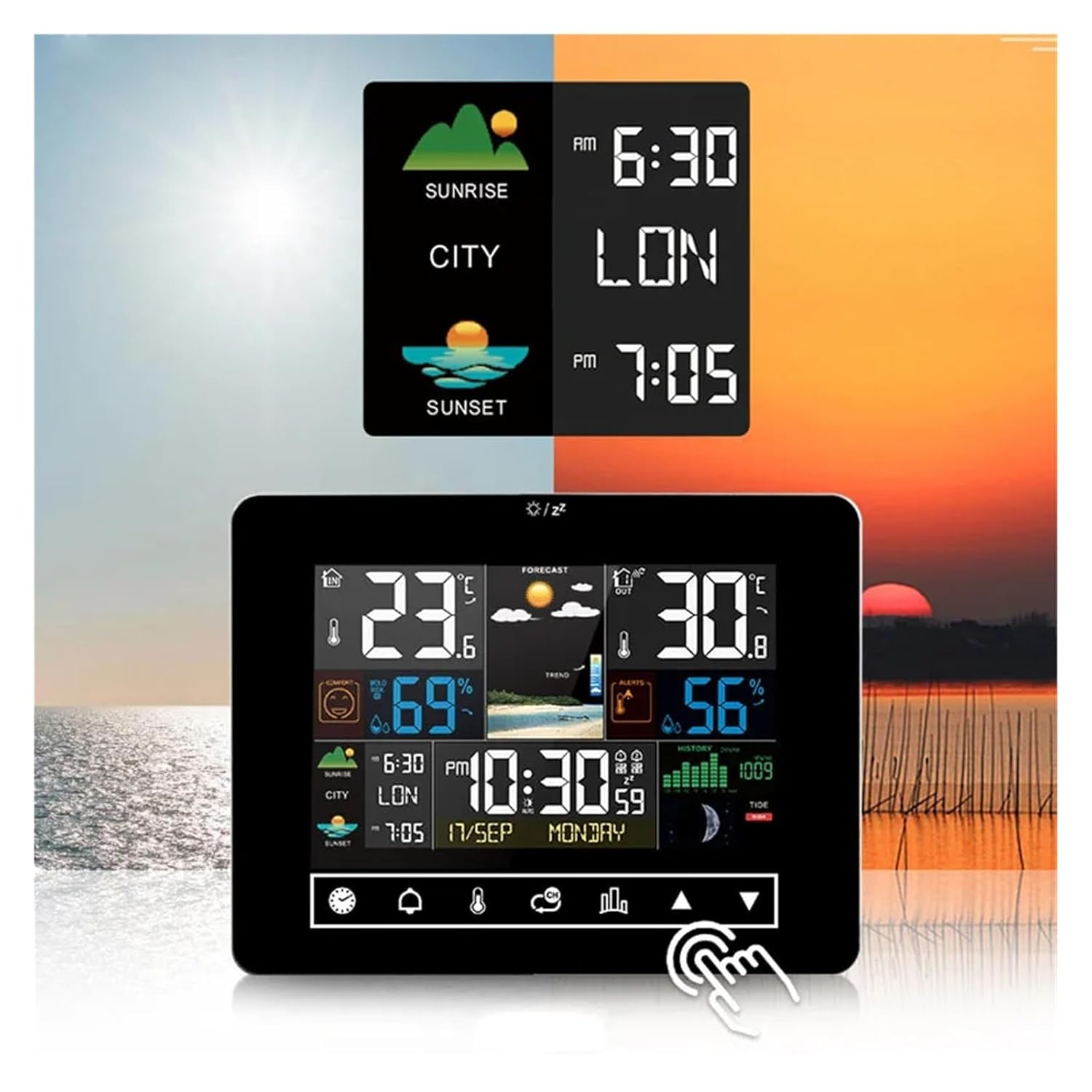 Touch Color Screen Weather Station Alarm Clock Sunrise and Sunset Time Thermometer Hygrometer with Wireless Outdoor Sensor image number 5
