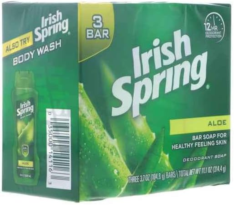 (BARS) Irish Spring ALOE SCENT Bar Soap for Men & Women. 12-HOUR ODOR/DEODORANT PROTECTION! for Healthy Feeling Skin. Great for Hands, Face & Body! (3 Bars, 3.75Oz Each Bar) by Irish Spring image number 1