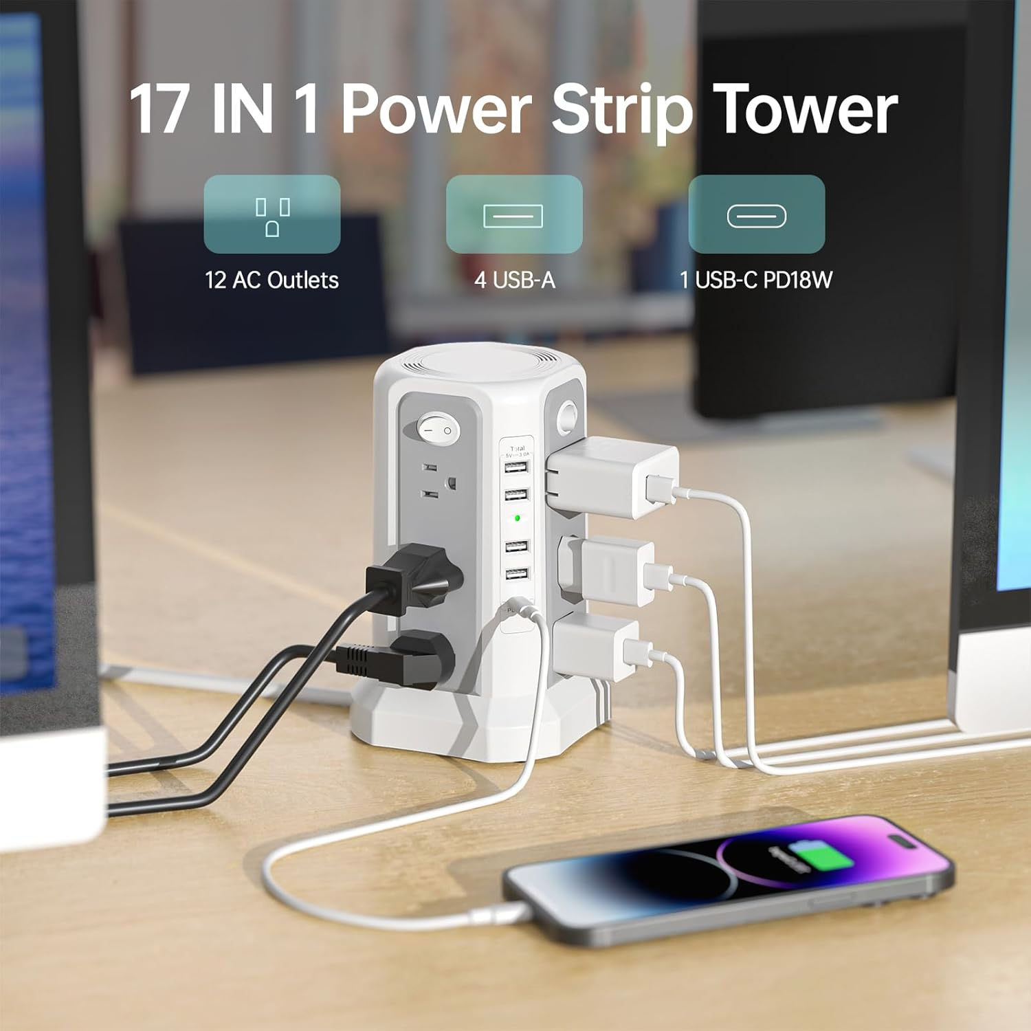 Surge Protector Power Strip with 18W Fast Charging Port, 10FT Extension Cord with 12 AC Outlets and 5 USB Ports(1 USB C), Passus Power Strips Tower Overload Protection for Home Office Dorm Room image number 1