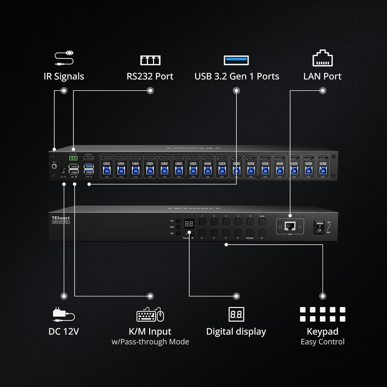 Tesmart HDMI KVM Switch 16 in 1 Out USB 3.0,4K@60Hz KVM Switch 16 Port Rackmount Enterprise-Grade EDID Emulator|Hotkey Switch|Rs232|Lan Port|Ir Remote|Ip Control, Auto Scan, with 8 Pcs 5Ft KVM Cables image number 1