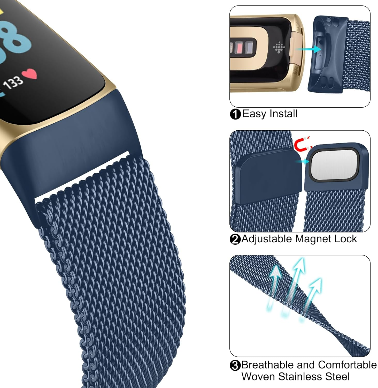 Vanjua for Fitbit Charge 6 / Charge 5 Bands Women Men, Stainless Steel Metal Mesh Loop Adjustable Magnetic Wristband Replacement Strap Compatible with Fitbit Charge 6 / Charge 5 Fitness Tracker - Champagne Gold image number 4