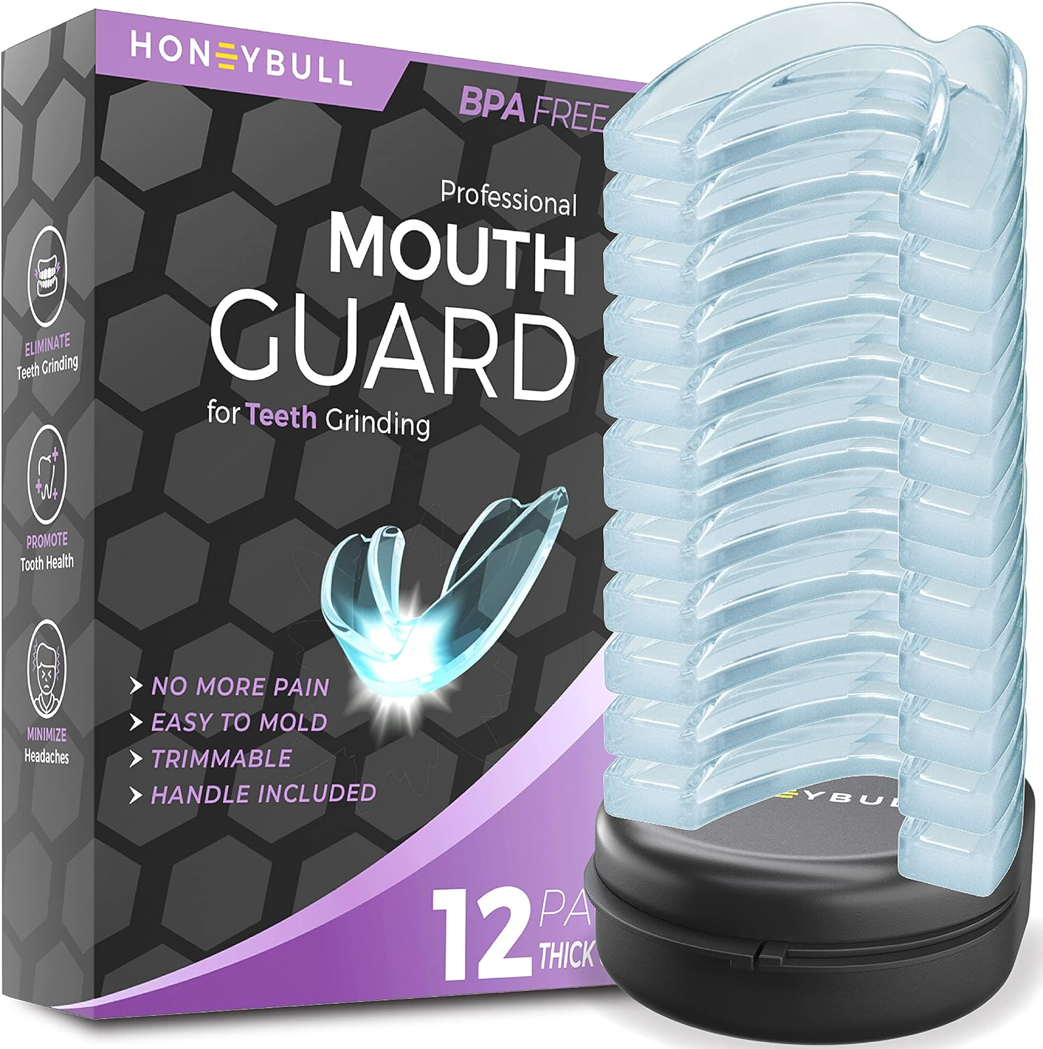 HONEYBULL Mouth Guard for Grinding Teeth [12 Pack] 1 Size for Light Grinding | Comfortable Custom Mold for Clenching at Night, Bruxism, Whitening Tray & Guard image number 4