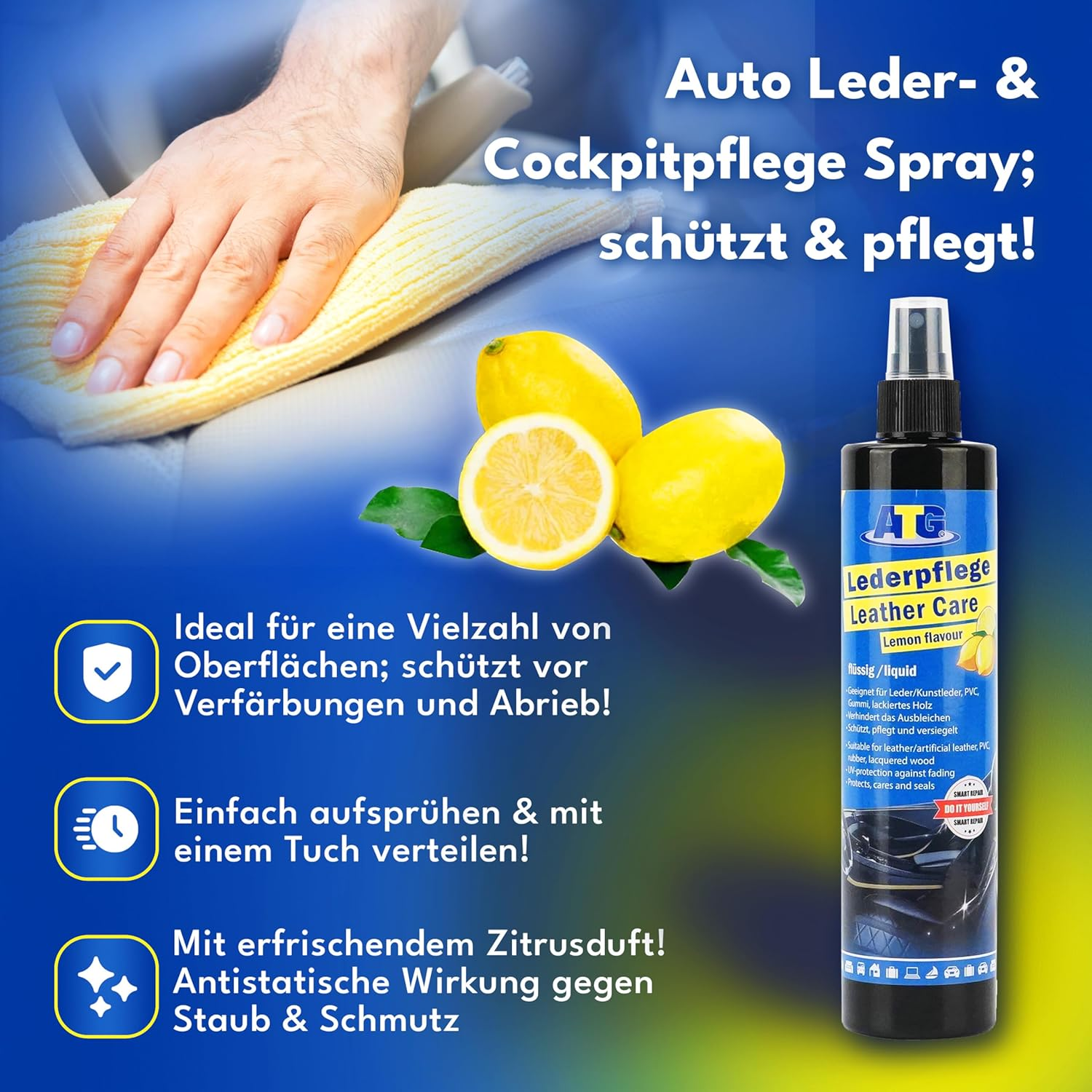 ATG Car Care Interior Set with Leather Care Spray Citrus Fragrance, Plastic Polish, Jelly Cleaning Gel & 2 Microfibre Cloths - Complete Set for Vehicle Care Interior image number 3