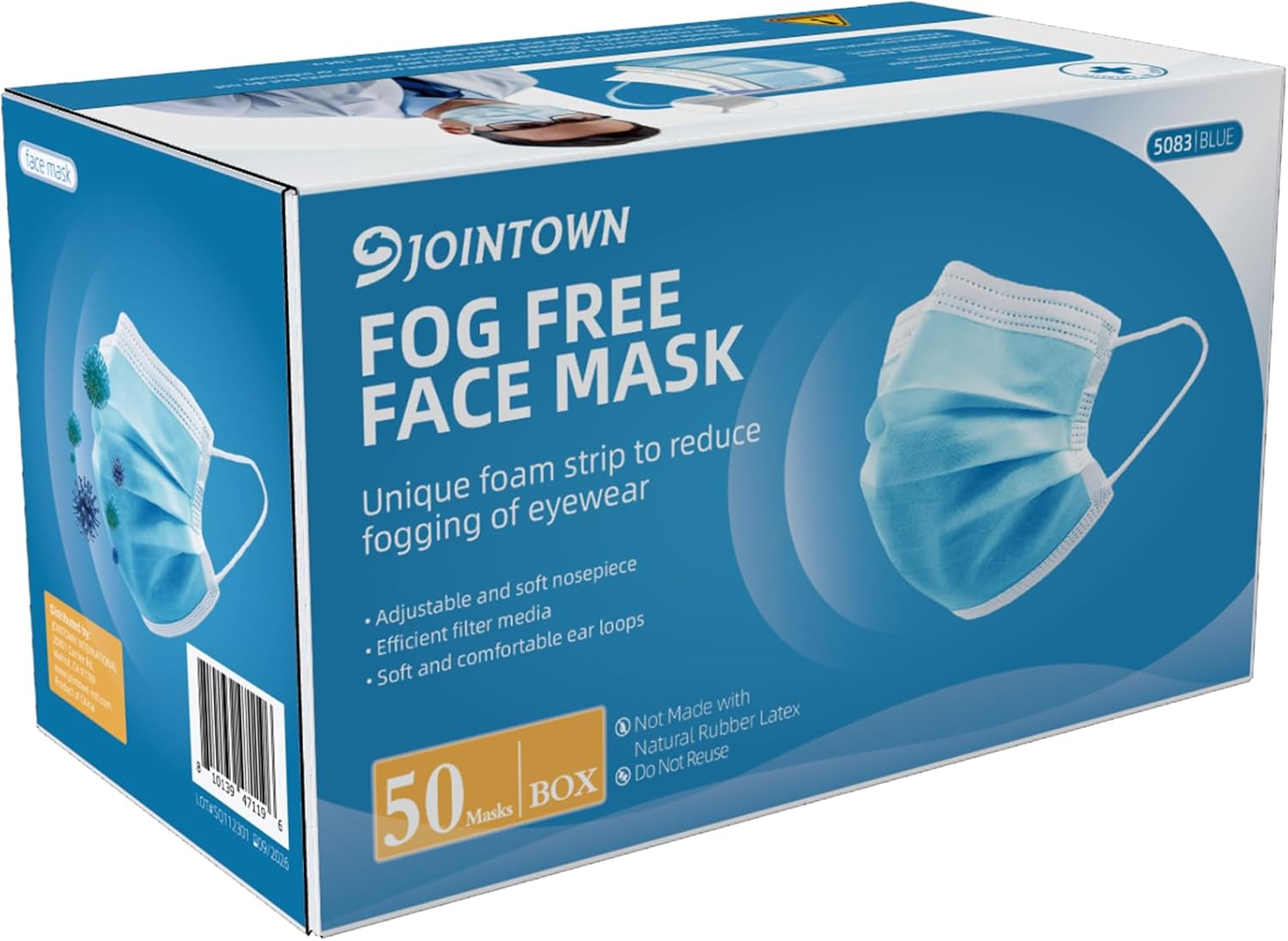 Jointown Anti-Fog 3-Ply Disposable Face Mask, Face Mask with Efficient Filter Media for Adult, Adjustable and Soft Nosepiece, Box of 50 Pcs image number 3