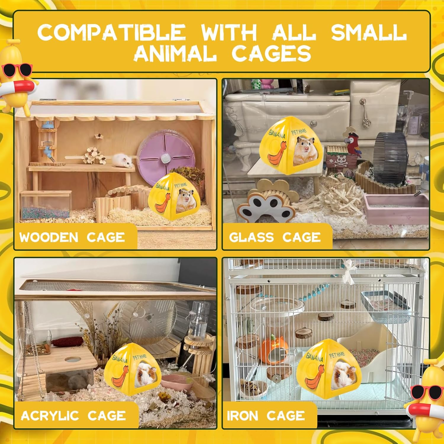 SUSOO Large Ceramic Hamster Hideout with Cute Banana Design, Four Seasons Universal Hamster House for Small Animals, Easy to Clean Guinea Pig Hide Bed for Hamster Cage Accessories and Dwarf Toys image number 1