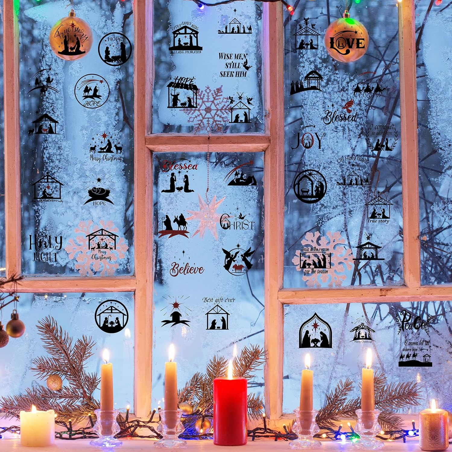80 Pieces Nativity Mason Jar Vinyl Decals, Manger Scene Stickers, Santa Wreath Christmas Stickers for Glass Jar, Window, Bottle, Gift Box Decorations, 40 Styles image number 5