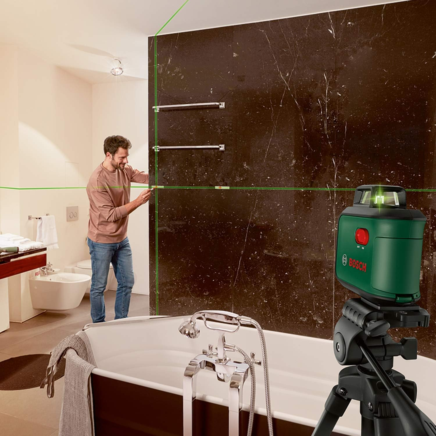 Bosch Cross Line Laser Advancedlevel 360 Set (Horizontal 360 Degree and Two Vertical Laser Lines, with One Plumb down Point, Green Laser, 4X AA Batteries, with Tripod, in Cardboard Box) image number 5
