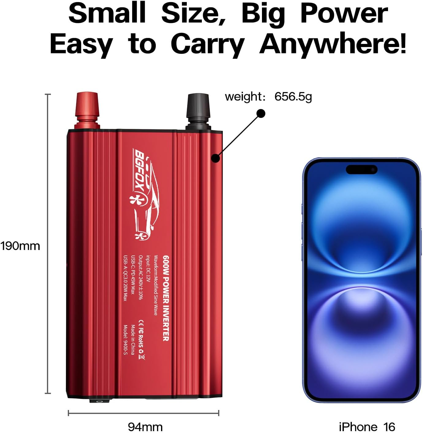 600W Power Inverter DC12V to 230V 240V AC Car Inverter with PD45W and QC 3.0 20W 4.8A USB Port to Charge Your Game Consoles, Car Electronic Devices - Red image number 6