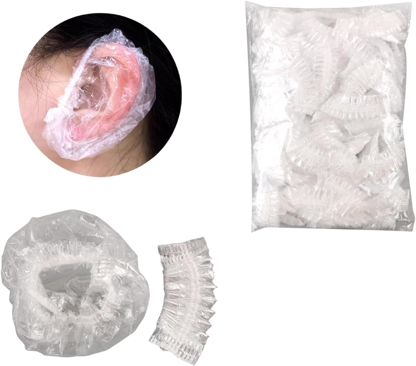 100 Pcs Transparent Disposable Ear Covers for Shower, Waterproof Ear Shower Cap Elastic Ear Protector Caps for Hair Dye, Shower, Bathing Disposable Ear Covers for Shower, Hair Dye, Bathing (Transparent)