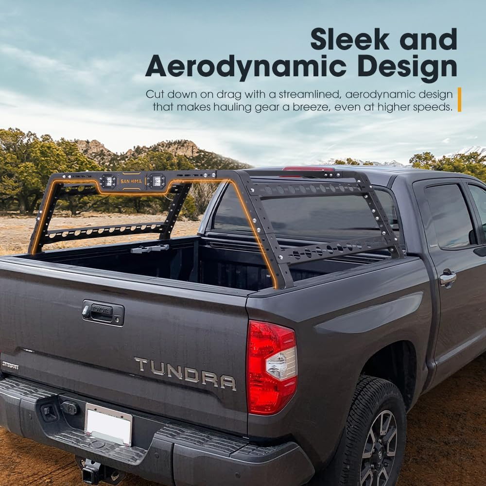 SAN HIMA Overland Bed Rack - 1110-1765MM Width Adjustable Truck Bed Rack with Pair LED Auxiliary Lights, for Universal Pickup Trucks UTE, 300KG Load Capacity image number 2