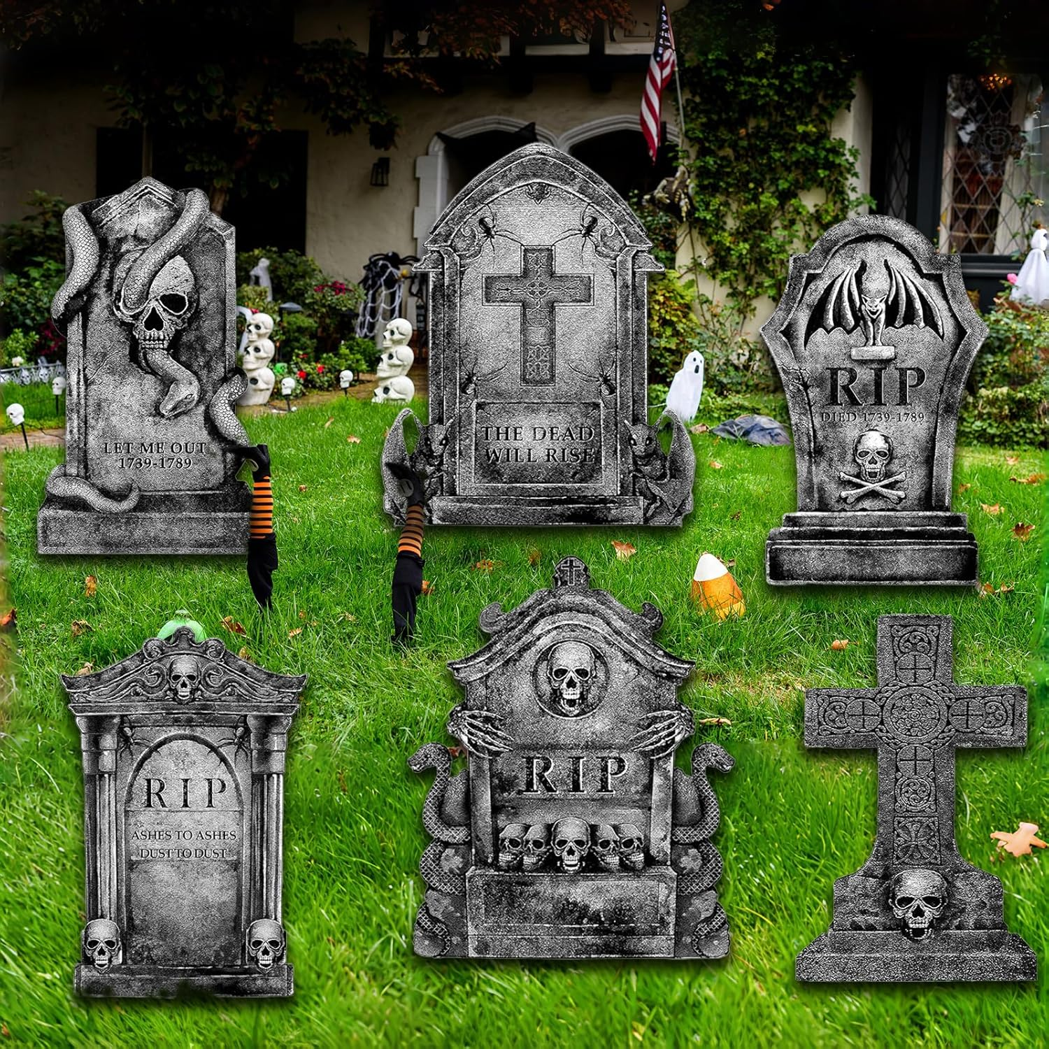 Halloween Decorations Outdoor Tombstones Halloween Gravestones Decor Large Graveyard Decorations Realistic Scary Skeleton Tombstone Cemetery Grave Signs for Halloween Party Yard Lawn Outside image number 6