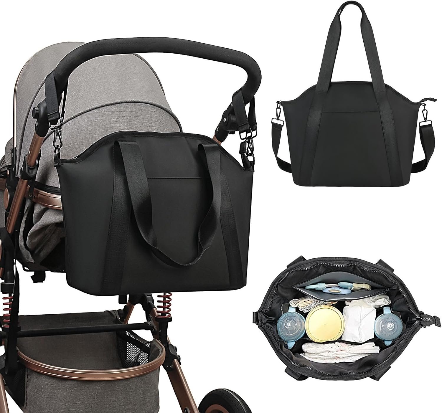 Baby Stroller Diaper Bag - Waterproof Milk Bottle Holder, Excellent Gift Large Capacity Mom Bag Mummy Bag, Shoulder Strap, Diapers for Travel Clothes, Black, Riferimento Alla Descrizione image number 1