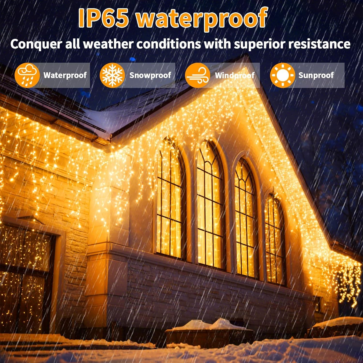 Solar Warm Icicle Lights, 35.1Ft 360 LED Curtain String Lights with Timer Dimmable,8 Modes Waterproof Fairy Lights for outside Holiday, Patio, Balcony, Window, House Eaves Decorations image number 5