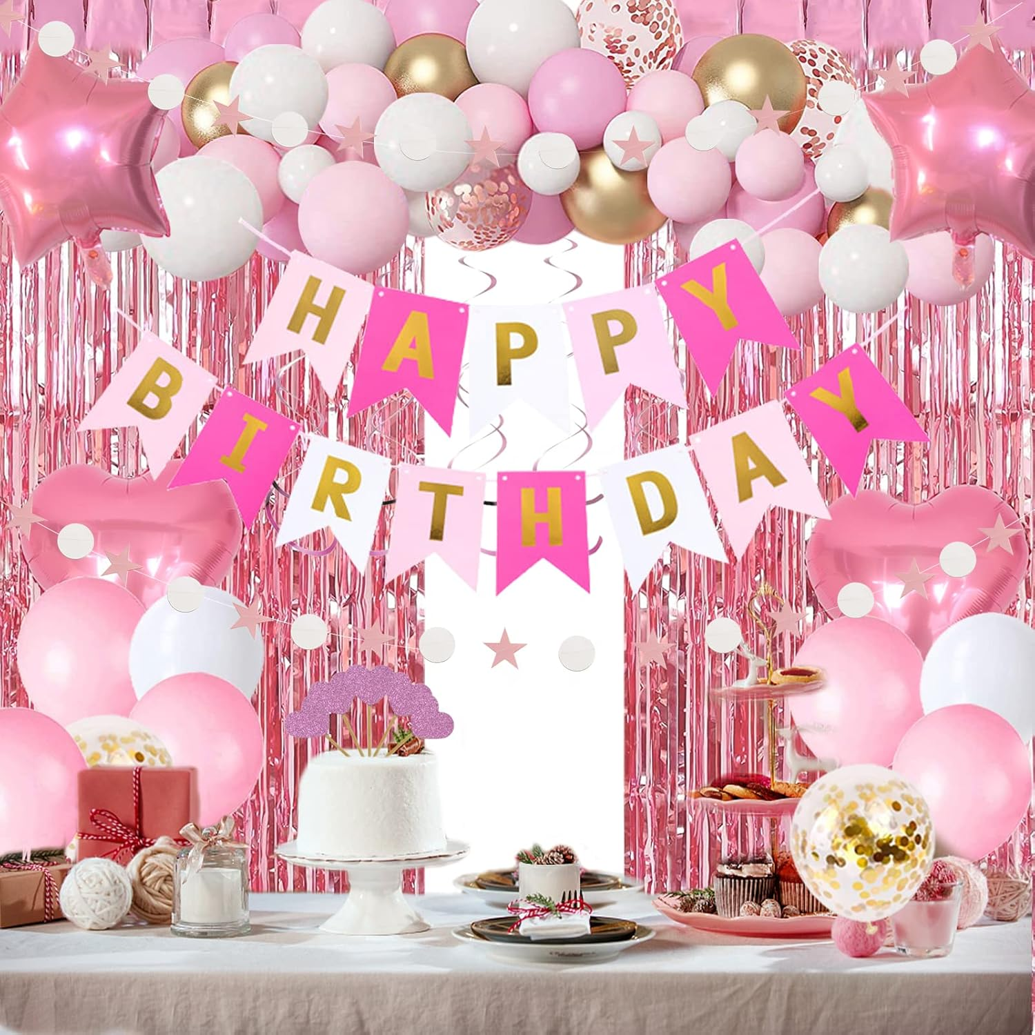 Birthday Decorations Rose Gold Party Supplies Happy Birthday Banner Rose Gold Balloons Foil Curtains Hanging Swirls Cupcake Toppers for Girls Women Princess Party