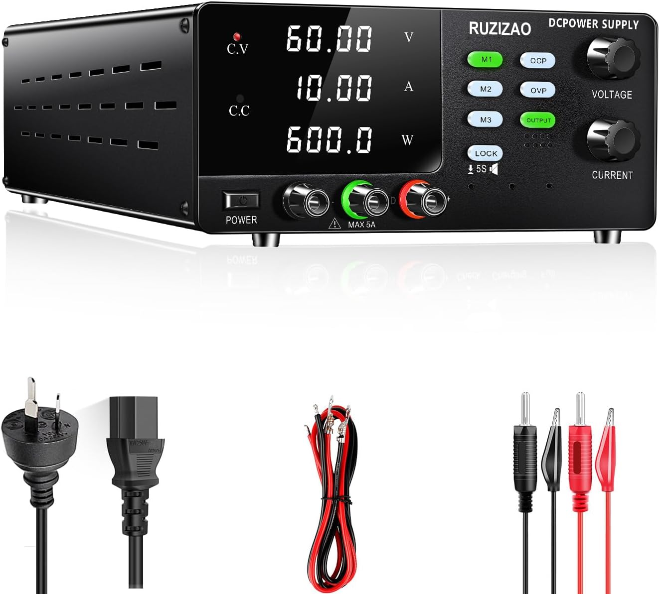 RUZIZAO DC Power Supply, 60V 10A 600W, High Power Adjustable Switching Regulated Benchtop DC Bench Power Supply, 3 Storage Modes, OCP/OVP Protection, Output/Lock Button, Encoder Knob image number 6