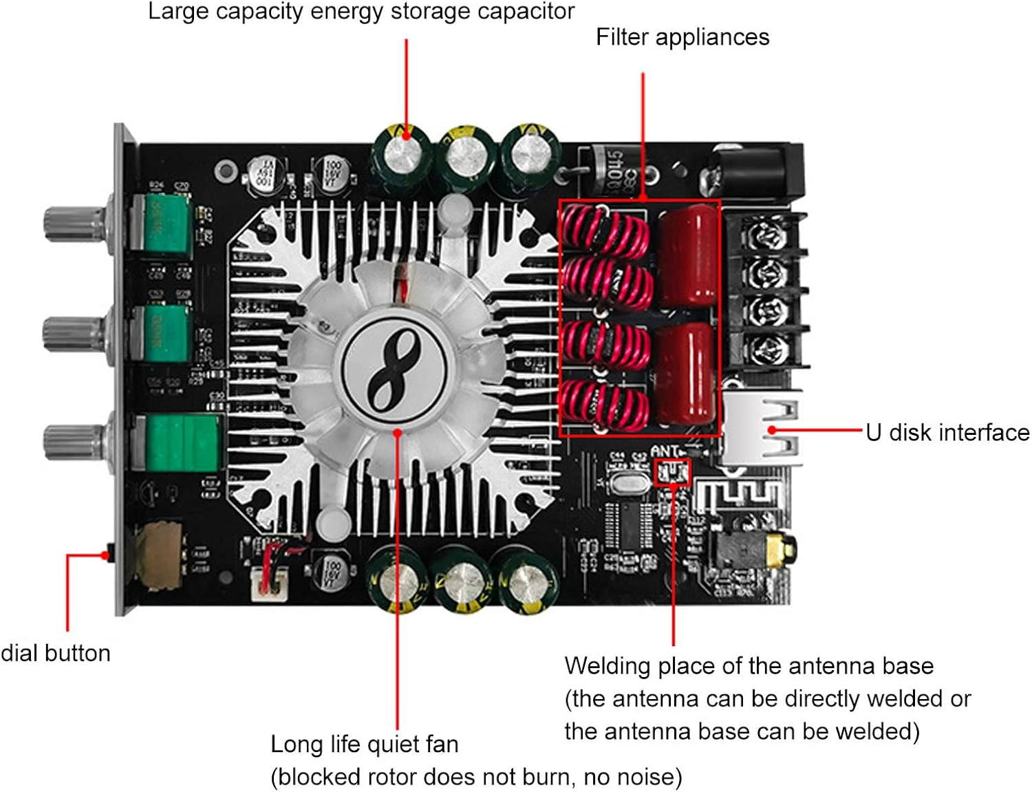 Mini Stereo Audio Preamplifier,Amplifier Board 3.5Mm AUX 3 PIN Input Treble Bass Control Clear Sound Aluminum BT Digital Amplifier Board, for DIY Home Theater Hifi System image number 4