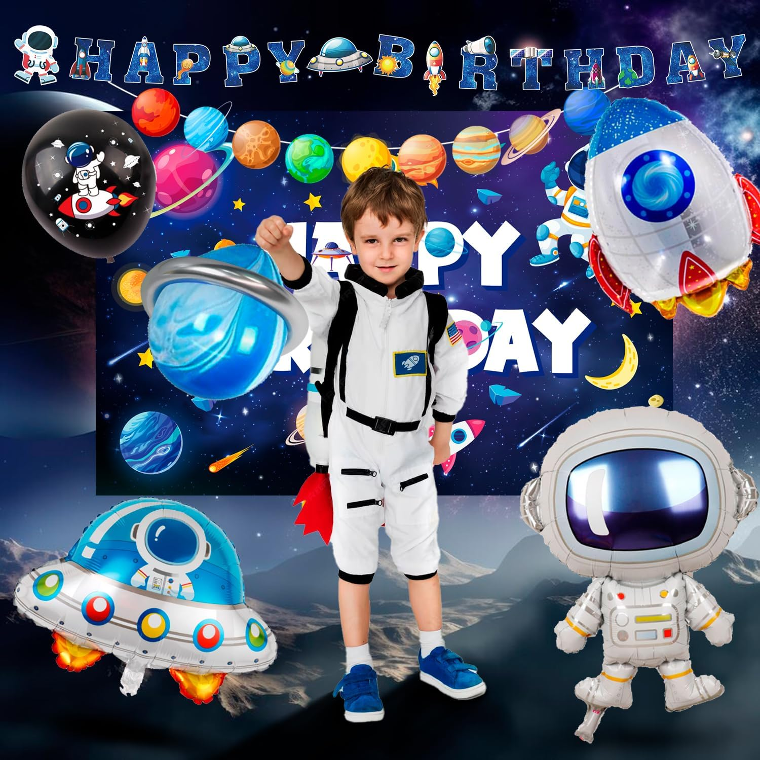 Space Birthday Party Decorations Serves 10, Space Birthday Decorations&Outer Space Birthday Tableware Set- Outer Space Birthday Party Plates Tablecloth Backdrop Balloon Etc Themed Party Decorations image number 2