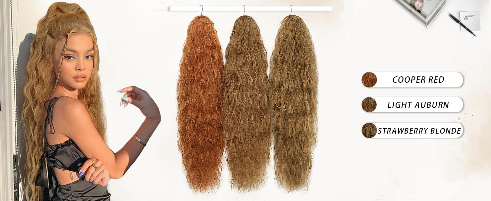 PORSMEER Ponytail Hairpiece Long 75 Cm with Drawstring Wavy Curls Ponytail Extension Ginger Orange Natural Clip-In Hairpiece Ponytail Hair Braid for Women Afro Braid Hair Extensions image number 5