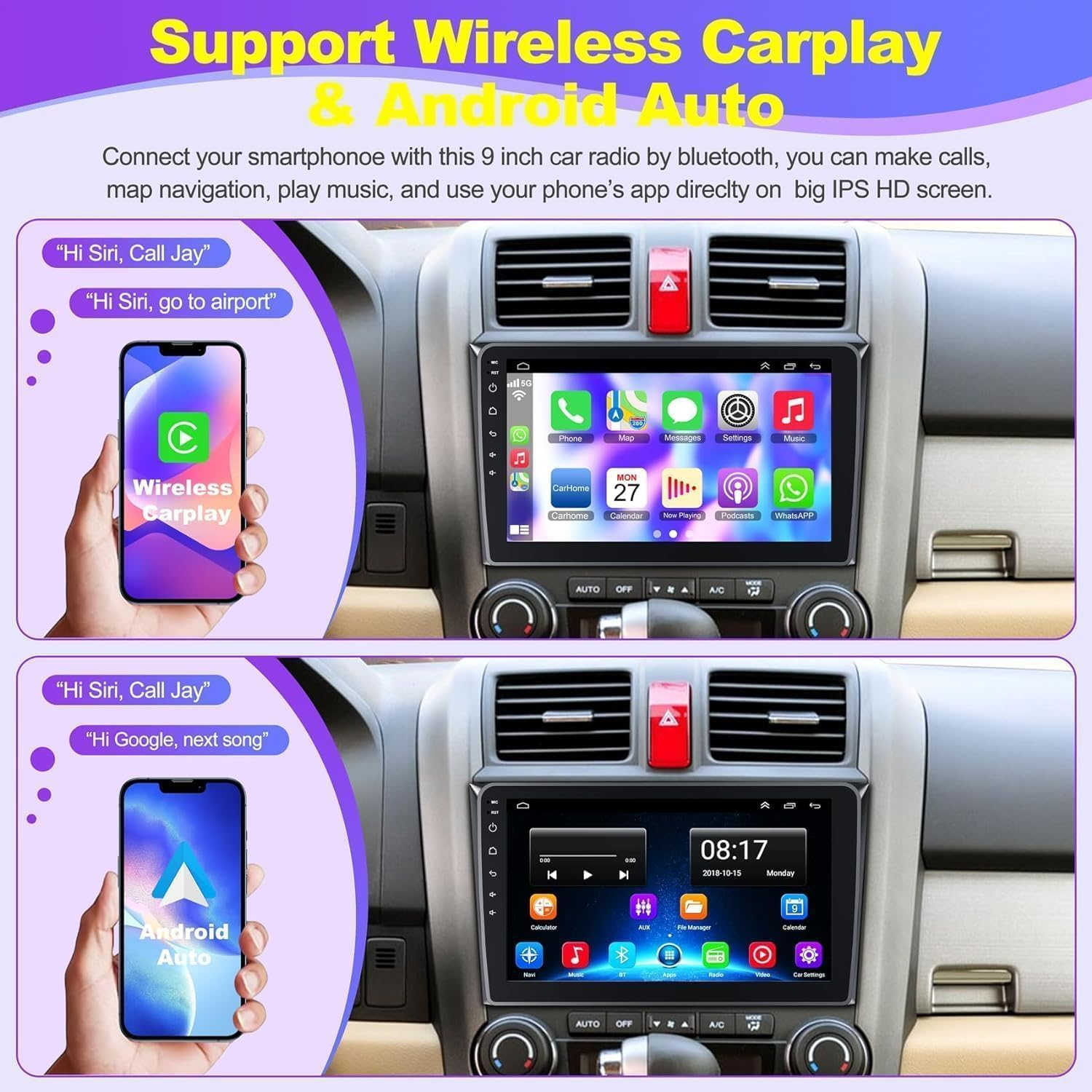 4G+64G Android 12 Car Radio for Honda CRV 2007-2011, 9'' Head Unit Stereo with Wifi/5G, Wireless Carplay+Android Auto, GPS Navigation, Bluetooth5.2, 1080P Rear Camera, Touch Screen, SWC, FM Radio image number 5