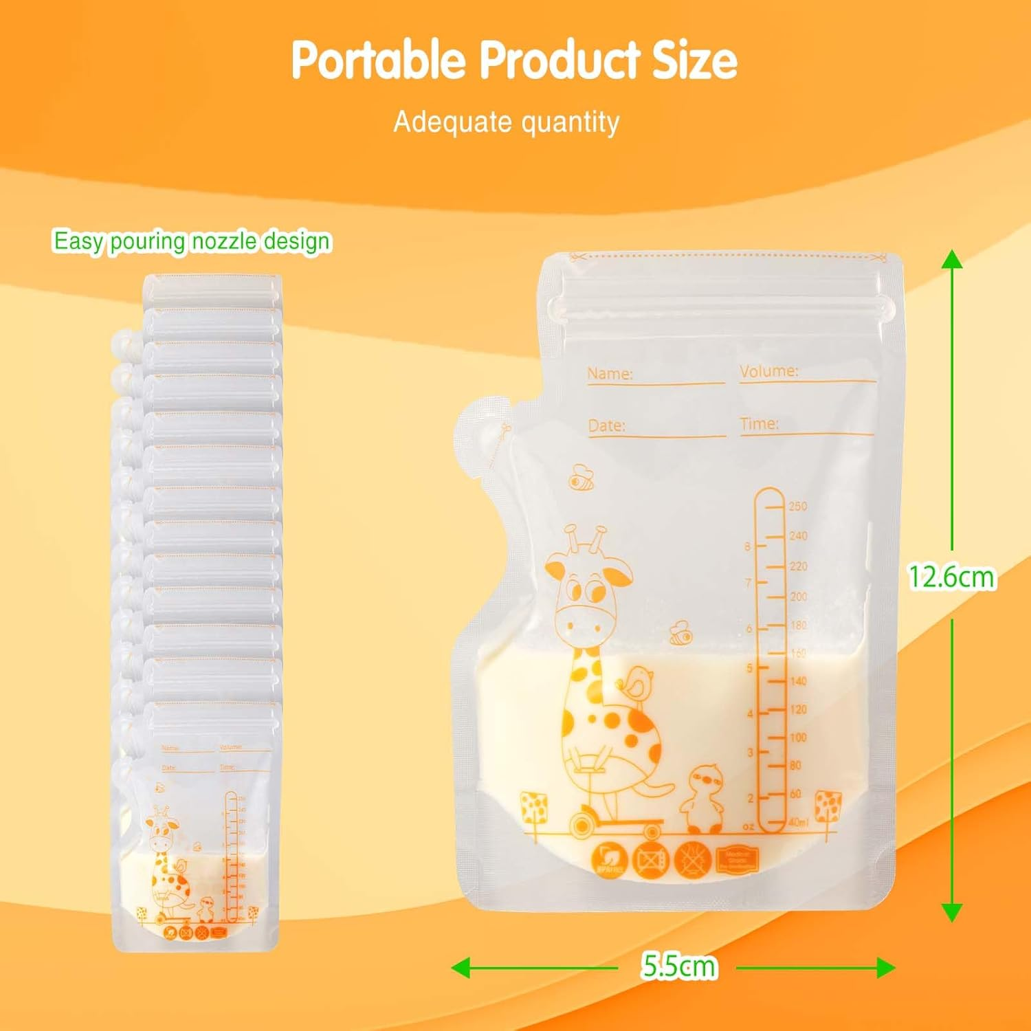 Vinabo Pack of 50 Breast Milk Bags, 250 Ml Bpa-Free Breast Milk Storage Bag, Milk Bag for Breast Milk with Spout for Breastfeeding, Self-Standing, Can Be Frozen, Pre-Sterilised image number 3