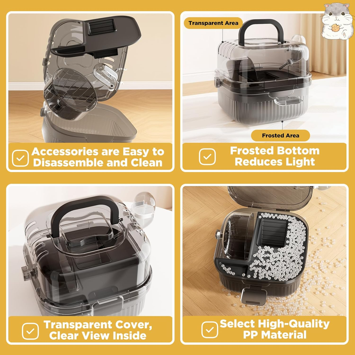 SUSOO 2-Tier Hamster Carrier with Hidden Carry Handle,Portable Small Animal Travel Cage with Water Bottle,Food Dish and Exercise Wheel,Outdoor Vacation House for Guinea Pigs,Dwarf Hamsters & Toy Pet image number 3