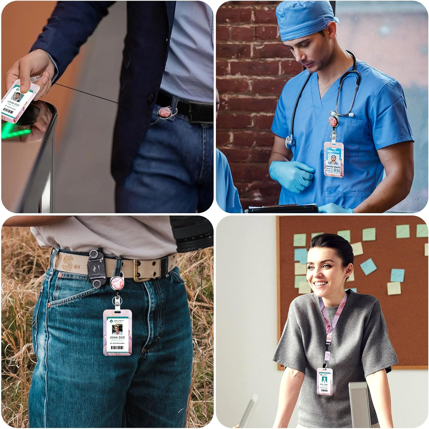 Hianjoo Badge Holder Retractable with Lanyard, ID Card Holder with Belt Clip Carabiner Retractable Reel Neck Lanyard Pull Cord for Students Office Staff, Red Marbling - Blue Stripes image number 5