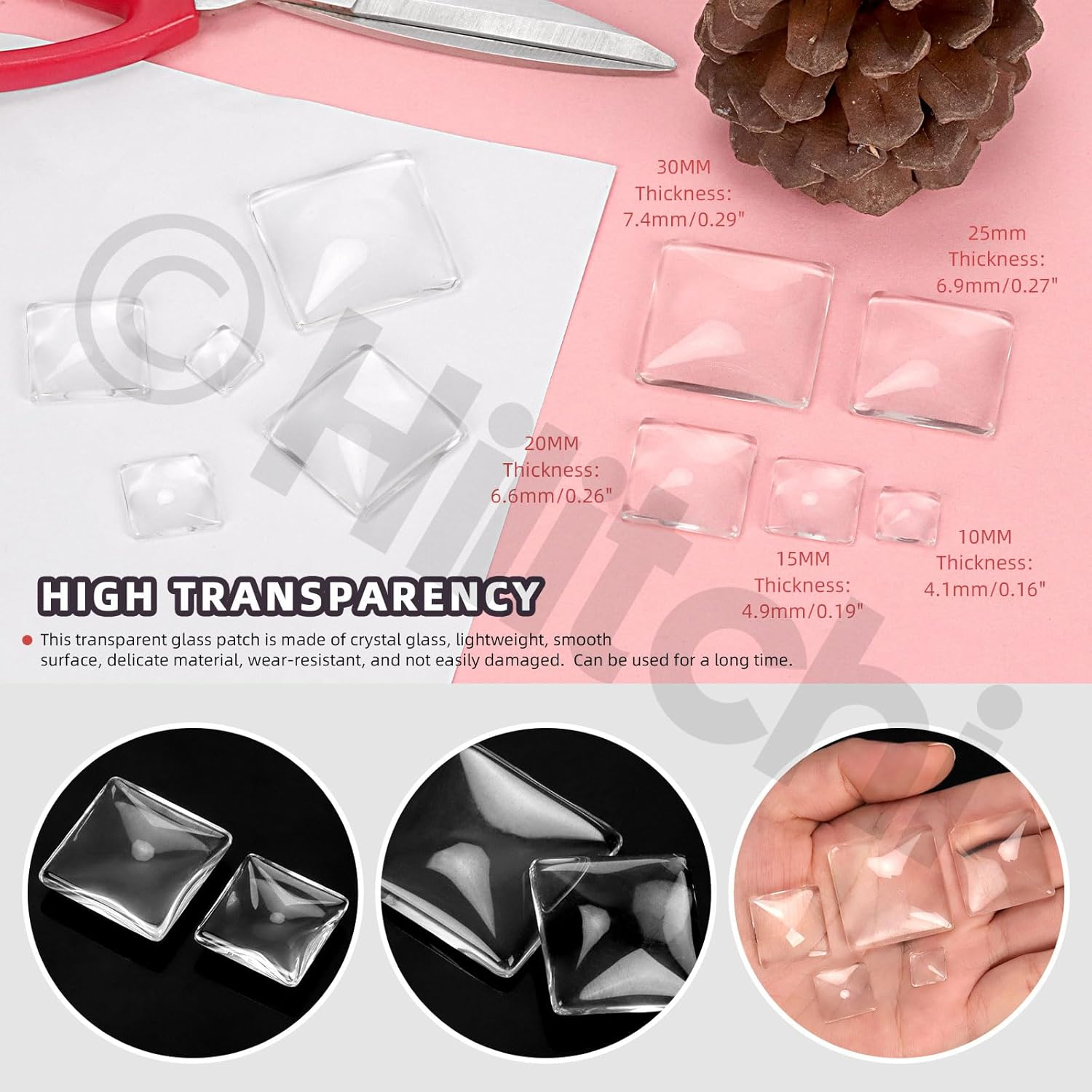 Hilitchi 110PCS 5 Sizes Square Shaped Glass Dome Tiles Assortment Kits 10MM 15MM 20MM 25MM 30MM Transparent Glass Dome Cabochons Flat Glass Bead Cabochon Tile for DIY Jewelry Photo Pendant Making