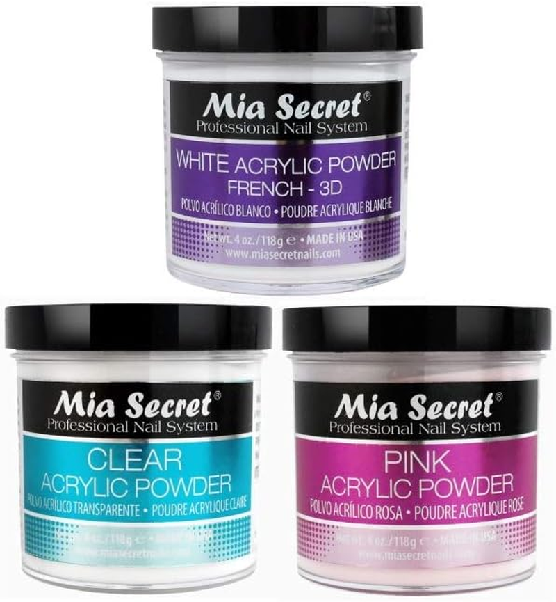 MIA SECRET 4 Oz Acrylic Powder 3Pc Set - Pink, Clear & White - Made in USA