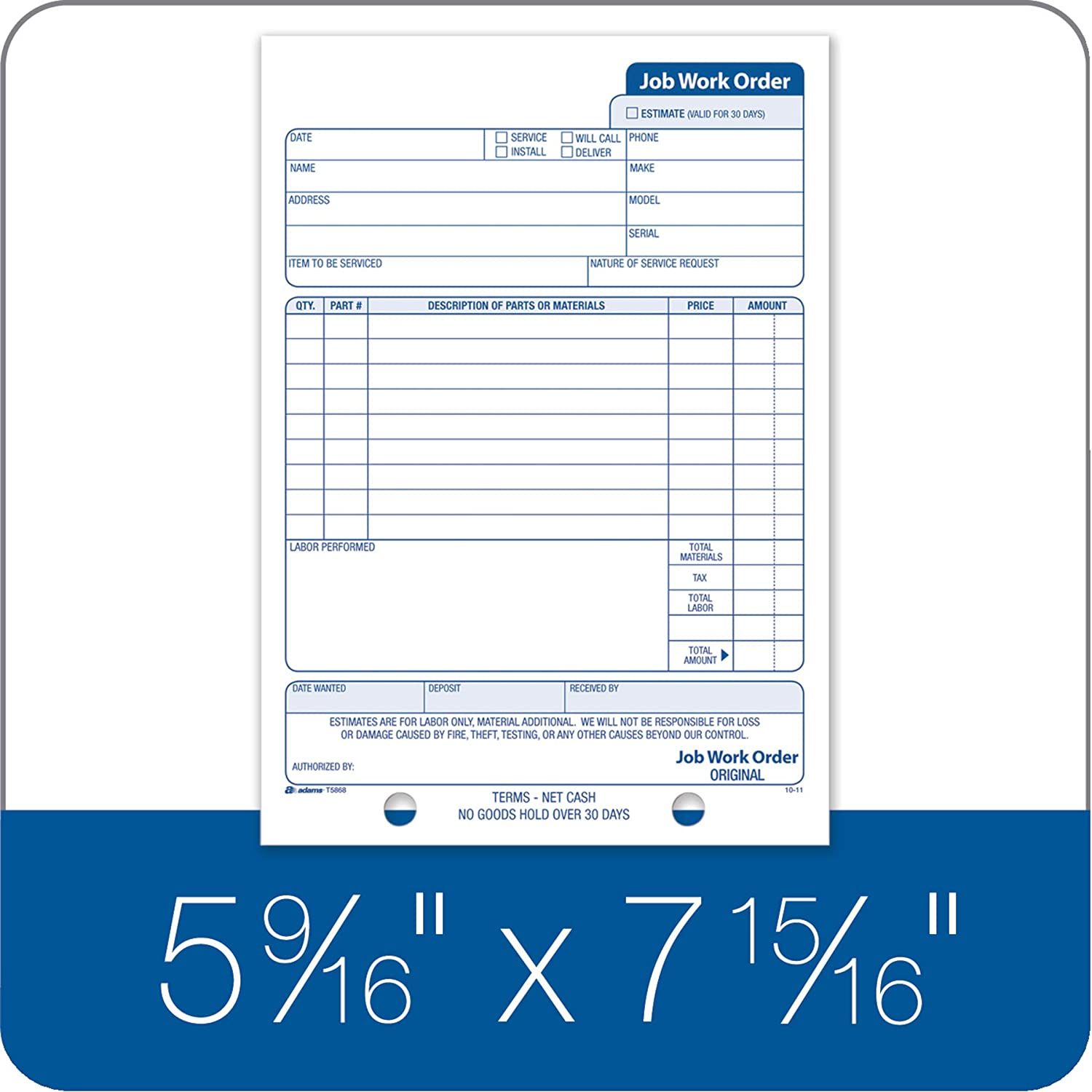 Adams Job Work Order Book, 5.56 X 8.44 Inch, 3-Part, Carbonless, 33 Sets, White and Canary (T5868) image number 1