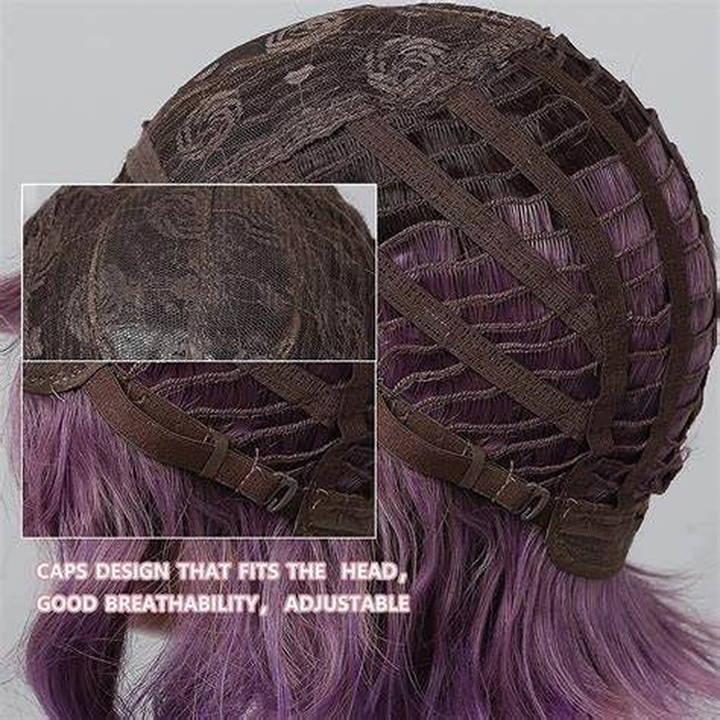 PORSMEER 10&ldquo; Short Wavy Bob Light Purple to Rose Wigs with Fringe for Women Wave Bob Curly Wig Synthetic Natural Looking Heat Resistant Fiber Wig (Purple/Pnk) - Dark Brown image number 7