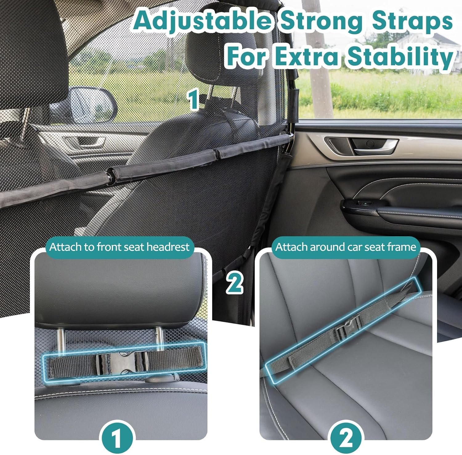 Dog Car Barrier Escape-Proof, 50" Wide Car Divider for 2Nd 3Rd Row Seats & Cargo Area, Durable Back Seat Car Gate Trunk Barrier with See through Net Mesh for Small Trucks & SUV & Mid-Sized Vehicle image number 2