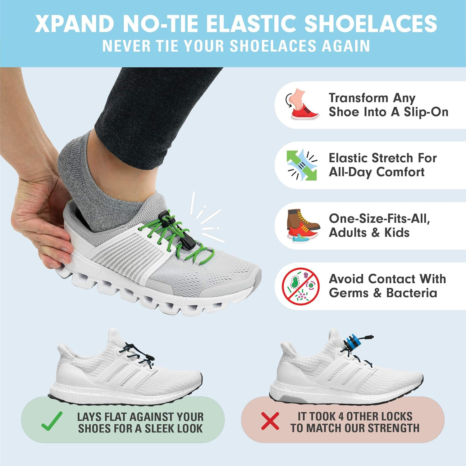 Xpand Quick Release Round-Lacing No Tie Shoelaces System with Elastic Laces - One Size Fits All Shoes (Patterned Neon Green, 132 Cm)