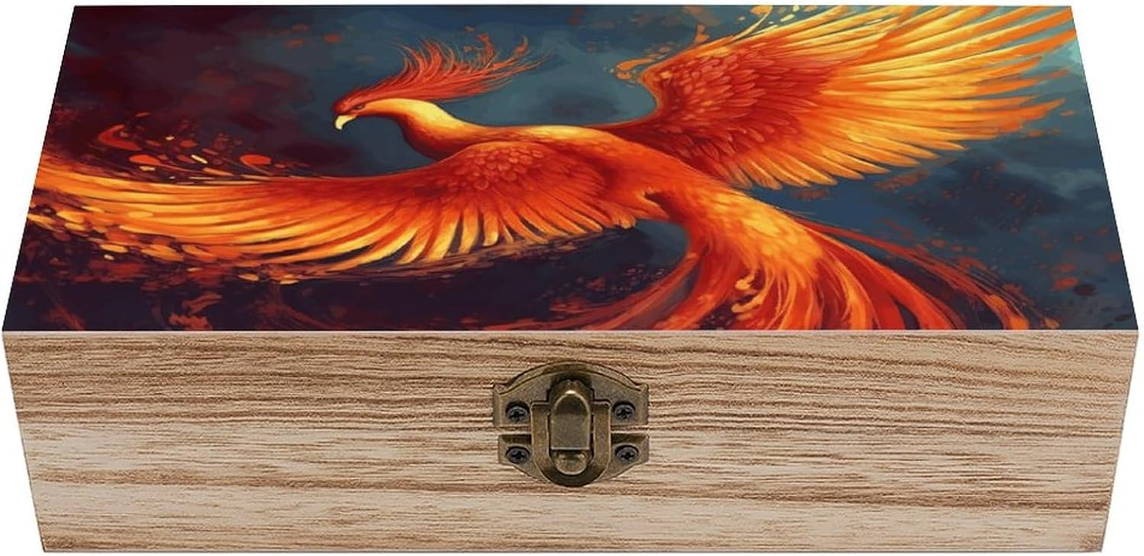 Orange Red Phoenix Wooden Box Wood Wedding Keepsake Boxes with Lids Small Decorative Boxes Lightweight Wooden Memory Storage Box for Crafts Keepsakes Jewelry Photo Letter Storage image number 2