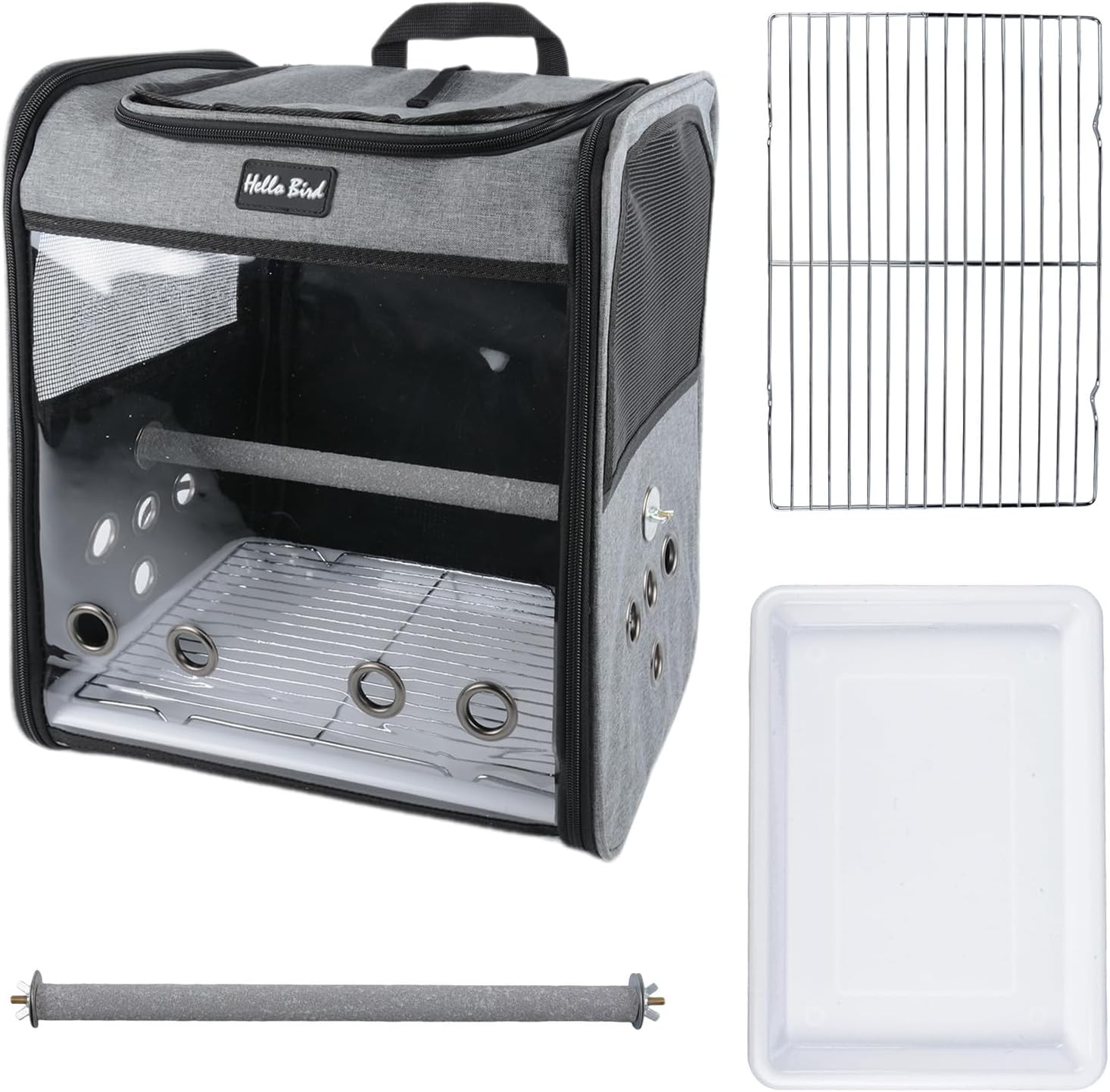 Bird Carrier, Bird Cage - Parrot Cage with Stainless Steel Tray and Bird Perch, Breathable & Portable, for Small Birds, Green Cheek, Cockatiel, Parrot, Grey image number 3