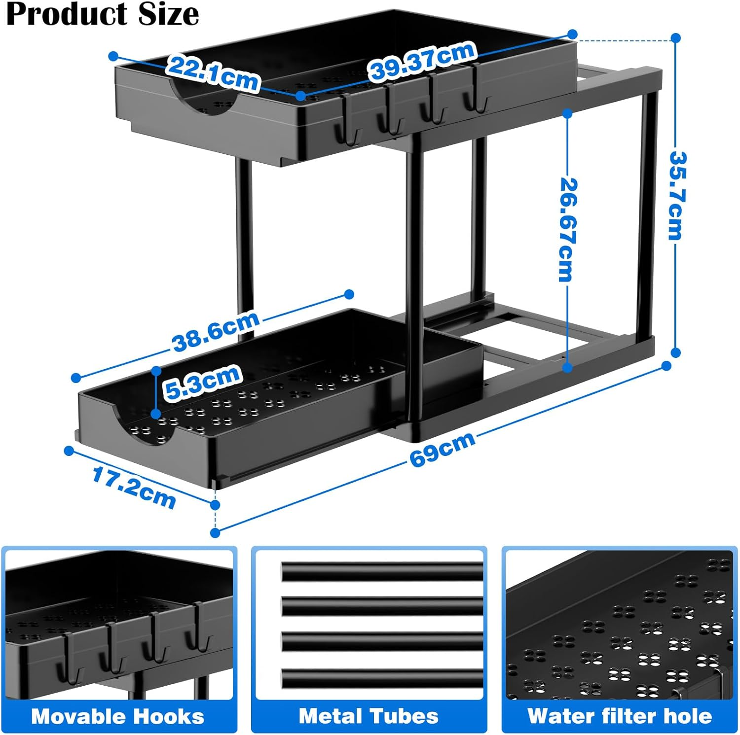 2 Pack Double Sliding under Sink Organizers and Storage, Kitchen Accessories, Two Tier Bathroom Storage and Organization, under Cabinet Organizer with Hooks, Home Organization, Black image number 2
