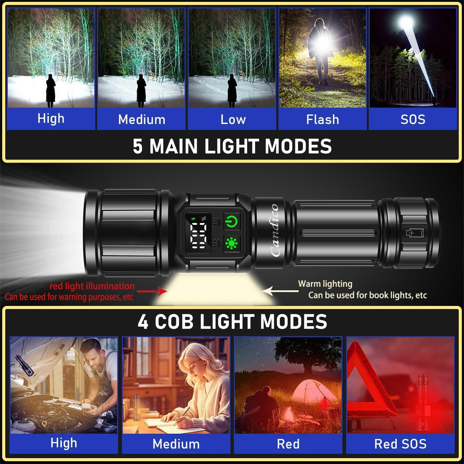 LED Torch Rechargeable Flashlight,9 Modes High Lumen with Magnetic Base Zoomable 5000Mah Battery Handheld Torches with Cob Side Light,Ipx4 Waterproof,Used for Outdoor Camping Accessories,Home Use