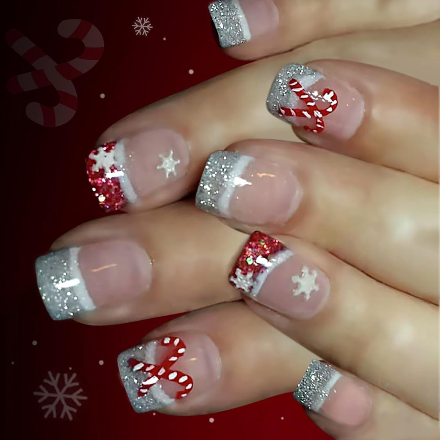 Holiday Glittering Press on Nails Short French Styles Snowflake Cane Pattern ABS for Festive Event Christmas Snowflake Press on Nail image number 6