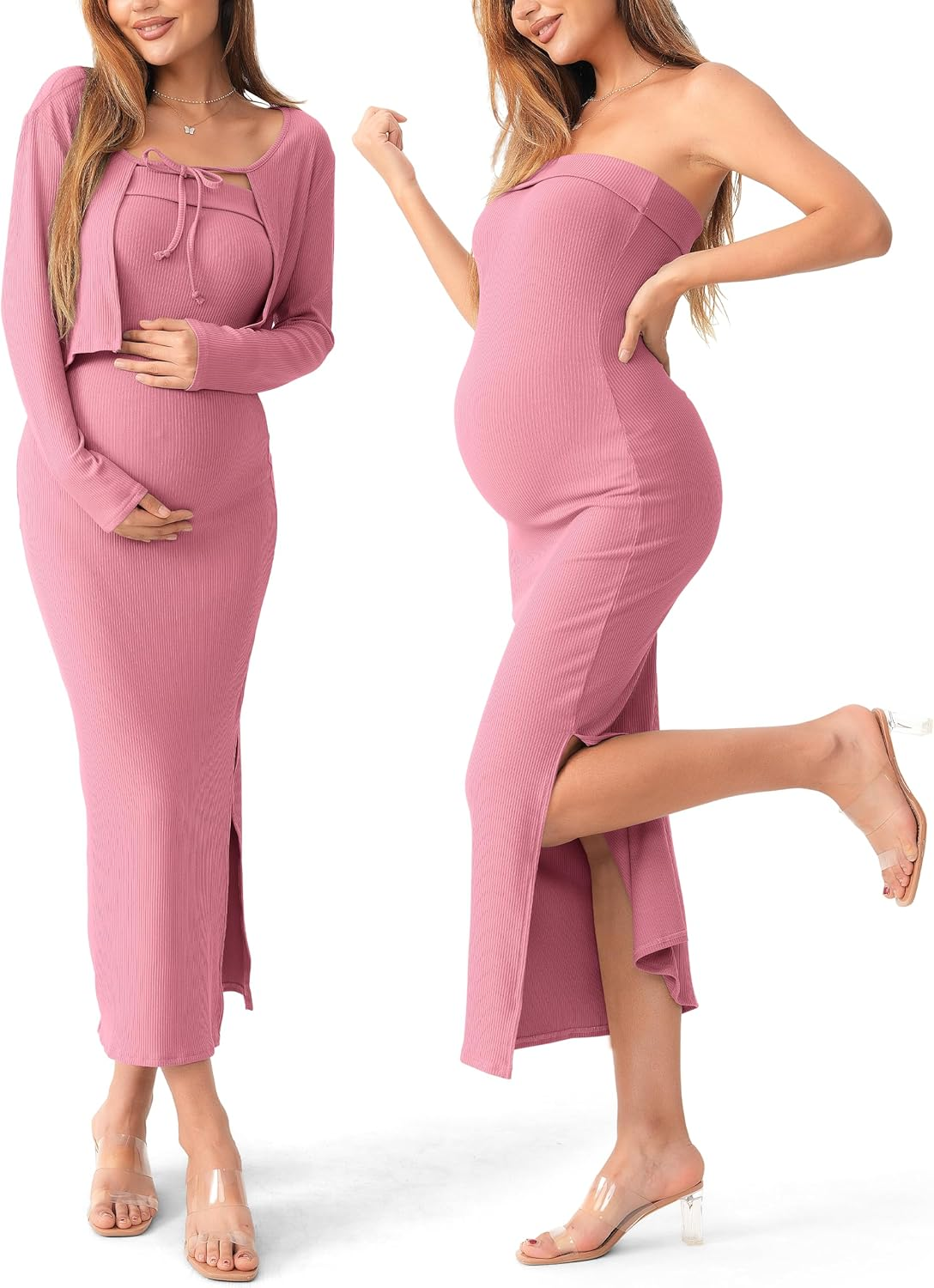 SUNNYBUY Baby Shower Maternity Tube Dress Short Cardigan Bodycon Ribbed Maxi Dress Casual 2 Piece Pregnancy Outfit Set