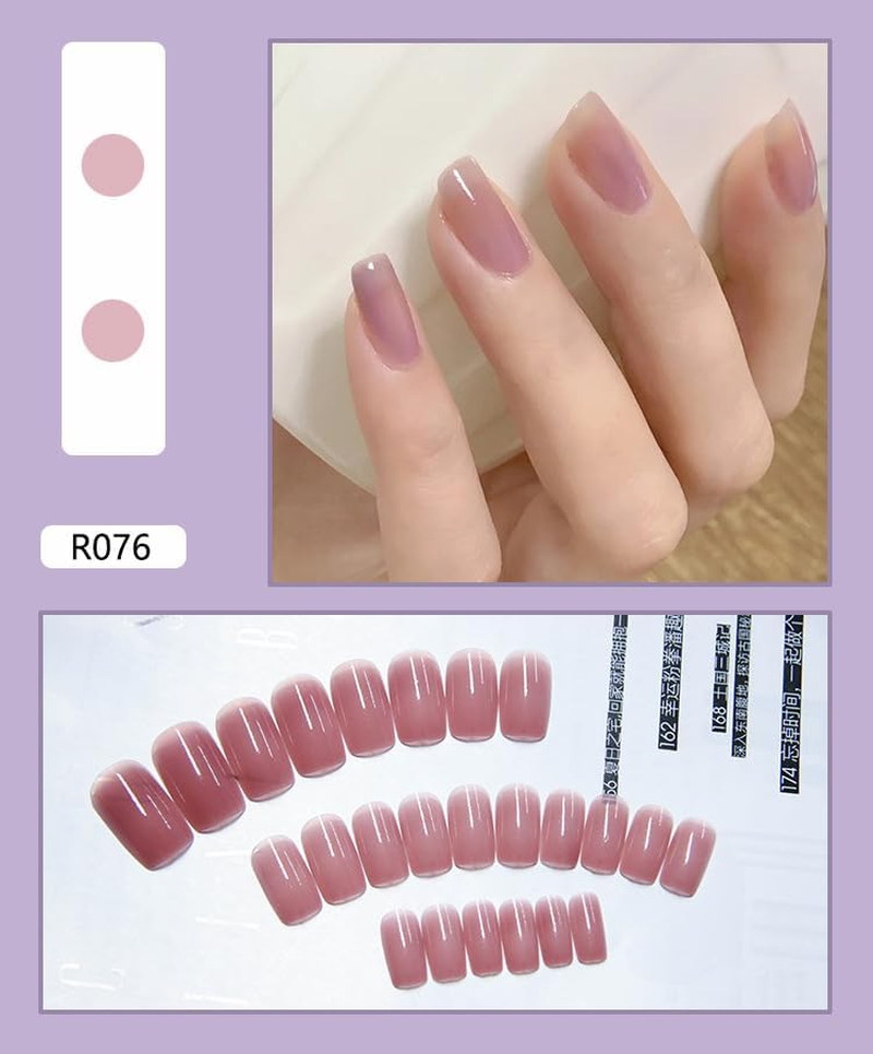 24 Pieces Short Press on Nails Square Artificial Nails Grape Purple Fingernails for Sticking Adhesive Nails Set Acrylic Nail Tips Women Spring Summer Nail Accessories