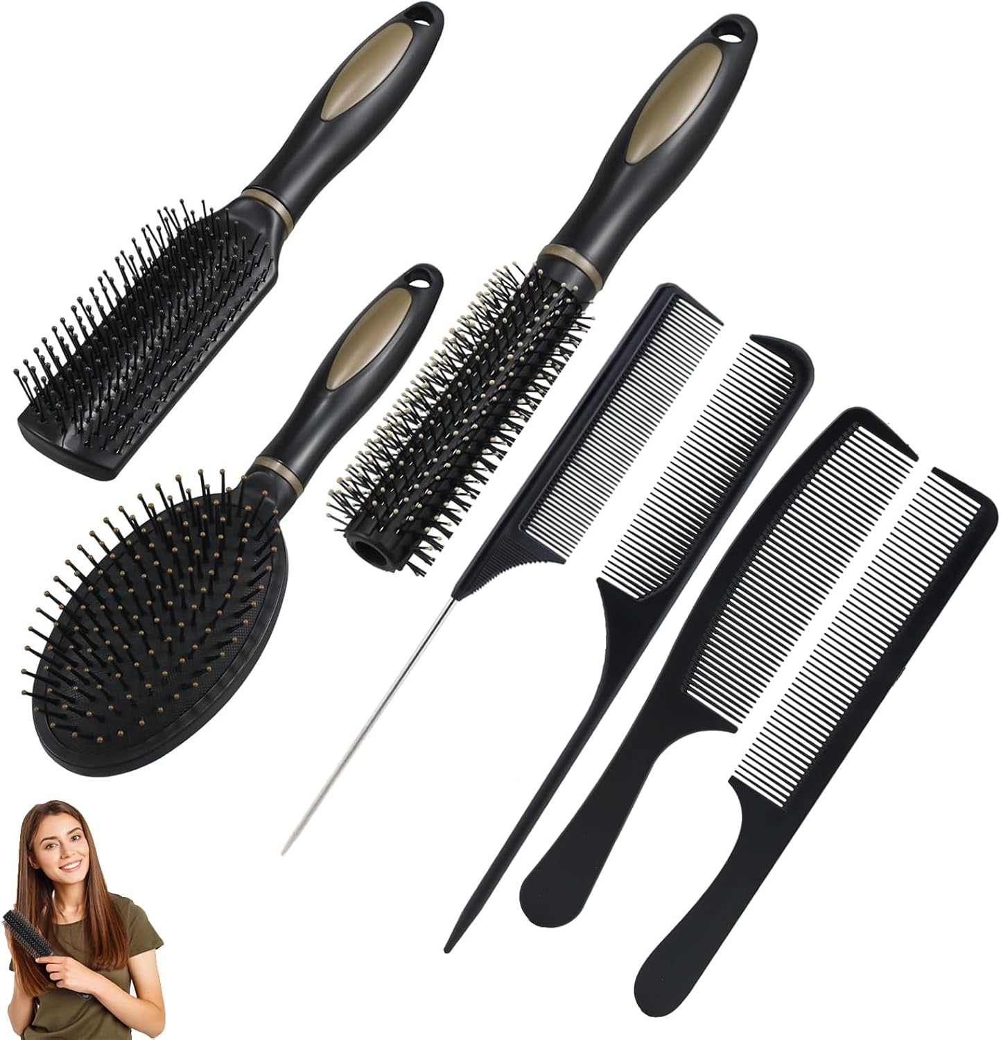 Hair Brush Set, 7-Piece Hair Brush Set, Anti-Static Massage Oval Comb, round Hair Brush, Ventilation Hair Brush, Detangling Brush, Paddle Brush for Women, Men, Children (Black) image number 4