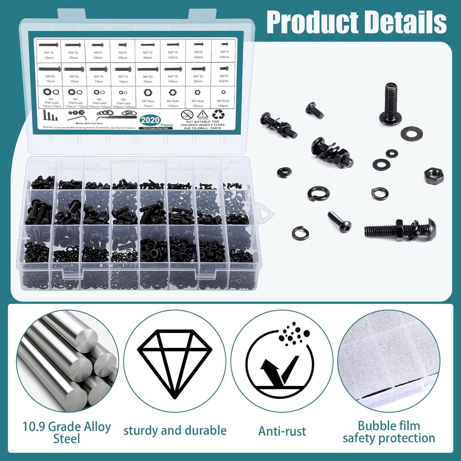 KUGONTC Metric Screw Assortment, 2020PCS Metric Bolt Assortment Kit M2 M3 M4 M5 Machine Screws with Lock & Flat Washers, Grade 10.9 Alloy Steel Hex Socket Button Head Black Screws Nuts and Bolts Kit image number 1