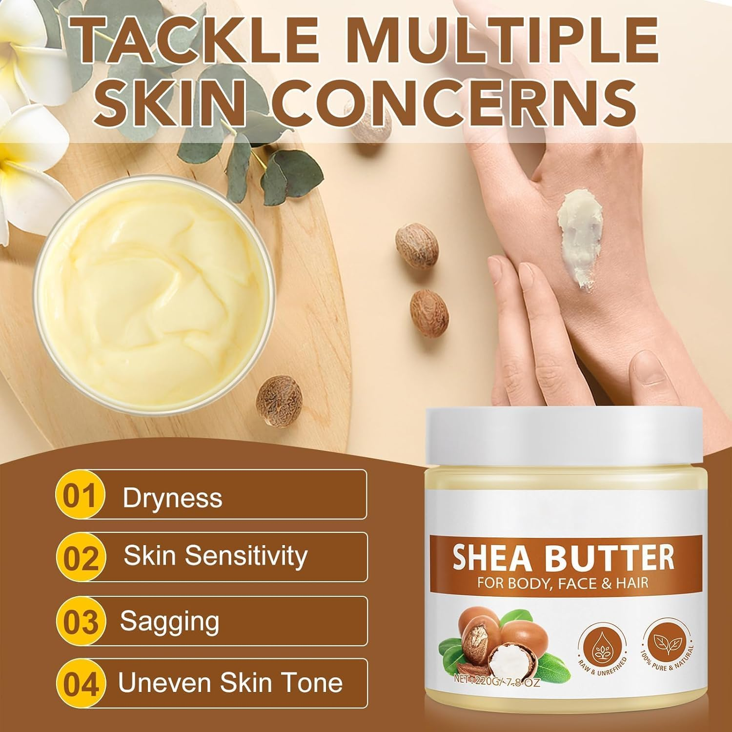 Shea Butter, 100% Pure Organic Raw Unrefined ● Moisturizer for Body, Face & Hair ● Soothes, Nourishes, Softens for Dry Cracked Skin ● Suitable for All Skin Types ● 7.8 Oz / 220G